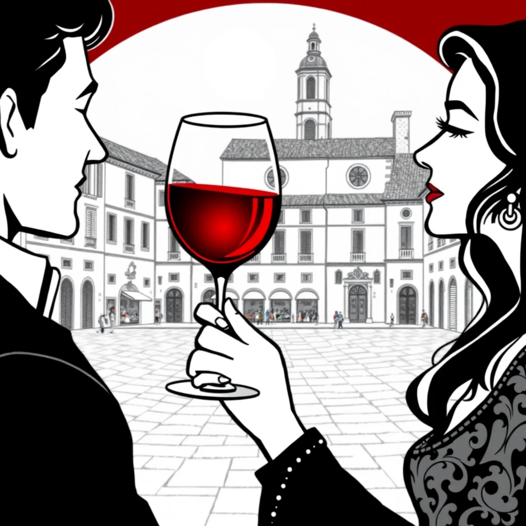 Art nouveau style image, in black and white, of a couple toasting with a glass of wine in a stemmed glass. The wine is colored red. In the background, an Italian square, in perspective.