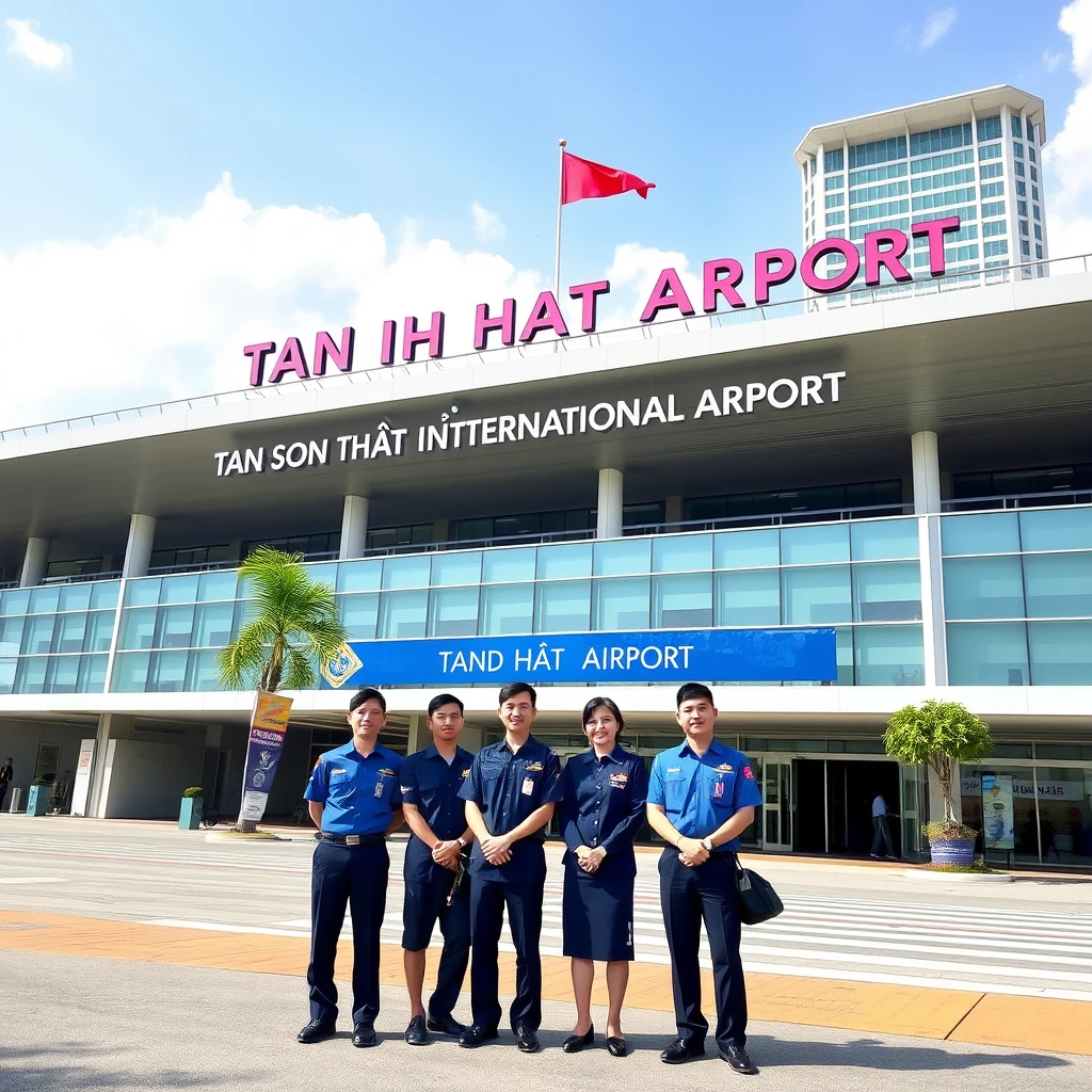 A group of airport staff in blue uniforms standing in front of Tan Son Nhat International Airport on a sunny day, clear sky, modern building background.