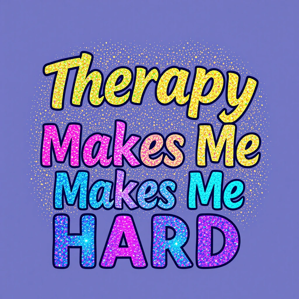 T-shirt design of fantastic vibrant glittery with an iridescent effect but ethereal text that says "Therapy Makes Me Hard" with each word a different vibrant color.