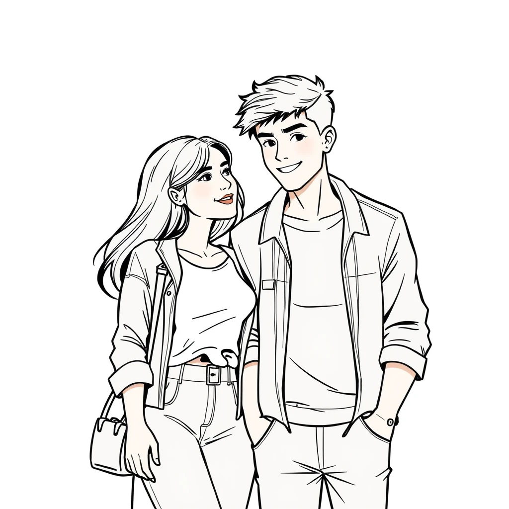 Young couple's daily life, handsome tall boy. Line art.