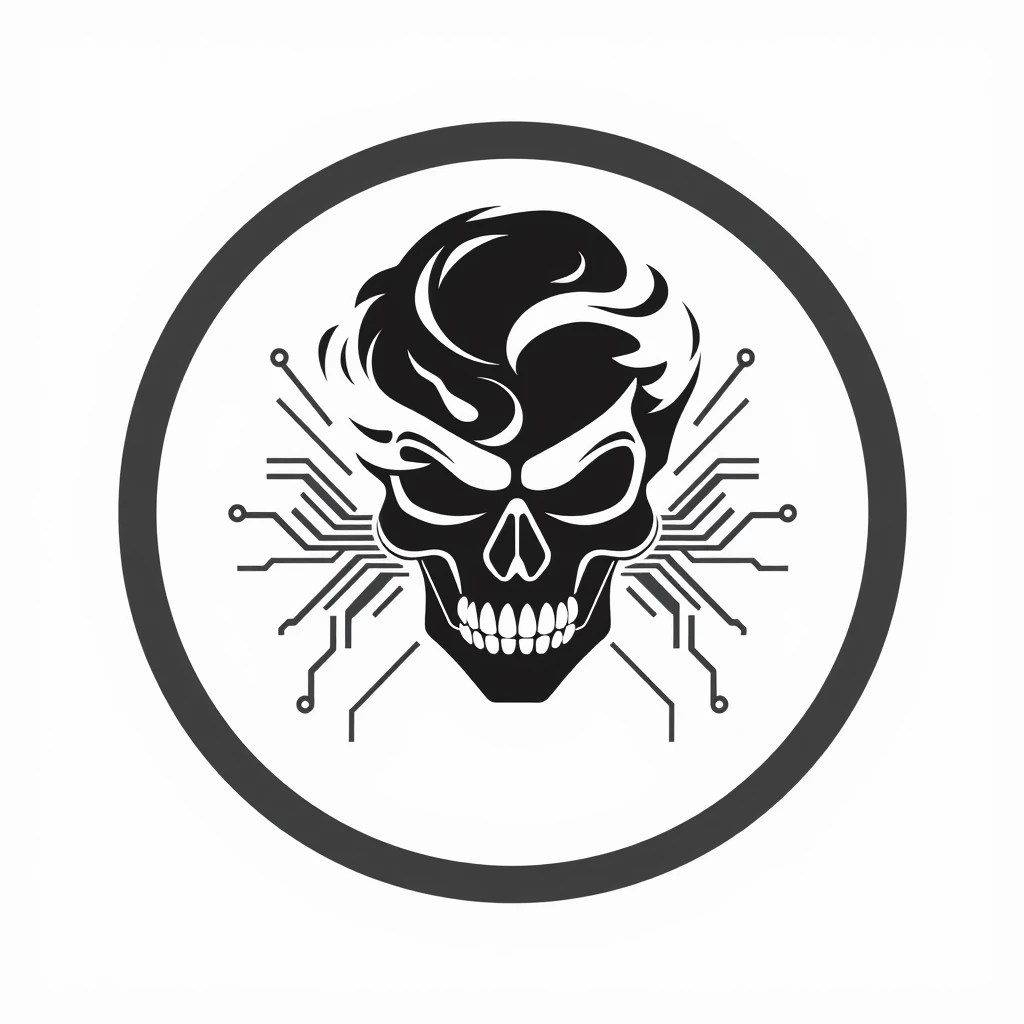 Sleek, minimalist logo for DoomVapes: stylized vapor cloud forming a skull. Monochromatic black and white design with sharp, clean lines. Futuristic yet ominous atmosphere. Subtle circuit board patterns in negative space. Balanced composition, centered within a circular frame. Professional and edgy aesthetic. - Image