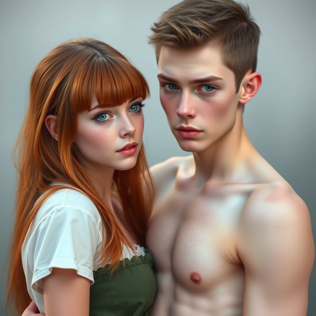 Love scene with two people: a short, skinny teenage girl with long ginger hair and bangs, green eyes, and big breasts. A young, pale-skinned, skinny white guy with black eyes. - Image