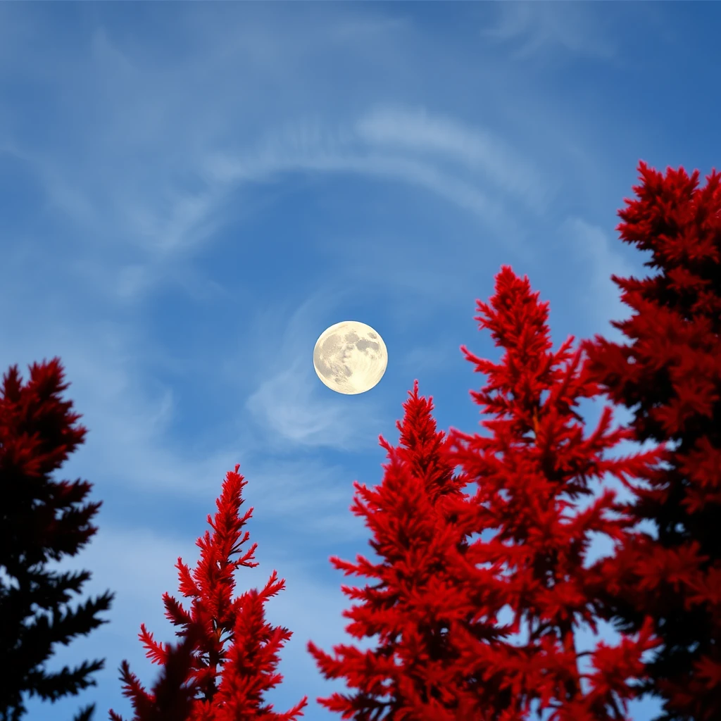 A view looking up at the moon with a large wispy halo circle of clouds around it, seen through tall coniferous trees that are red. - Image