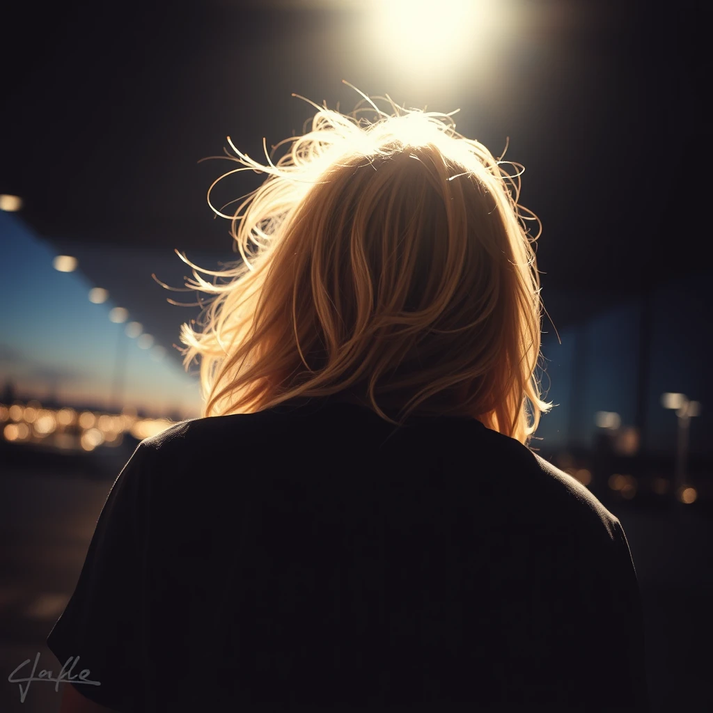 relaxed, backlit, Deep Focus, Mackenzie Davis, shirt, dust and scratches, negative, view from below, indoors at the airport, silhouette, spotlight, a beautiful woman, highly detailed face, ultra detailed skin, oily dirty skin, natural blonde hair, blue piercing eyes, eyes squinted, dark background, warm colors, city skyline