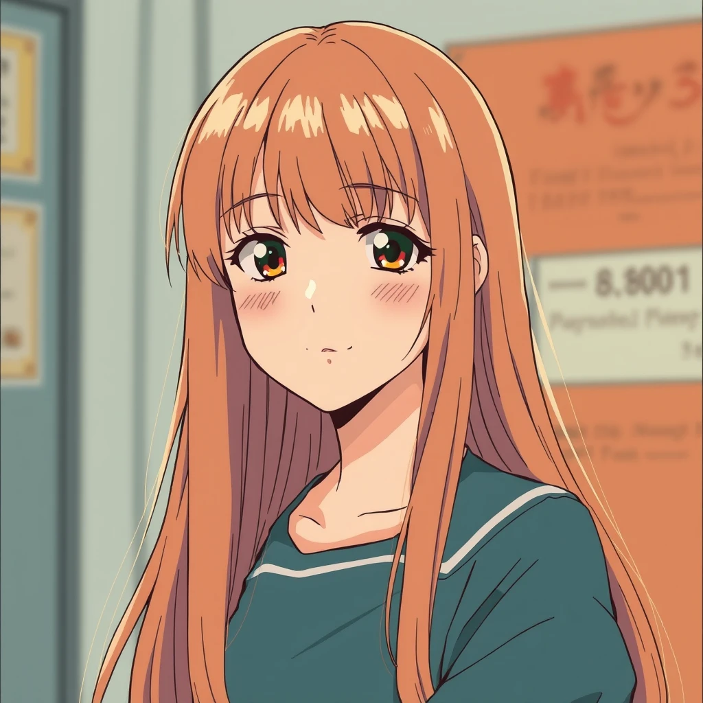 A girl with long straight hair in 80’s anime vintage style.