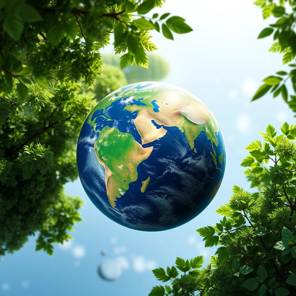 "Generate a realistic visual with the Earth as the main focus, surrounded by green environmental elements." - Image