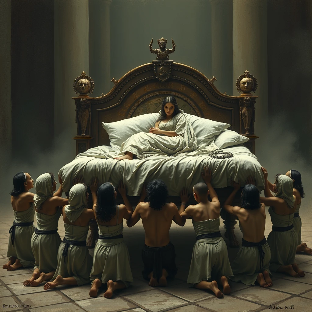 A group of female slaves kneels as they lift a huge bed, while the queen lies on it resting.