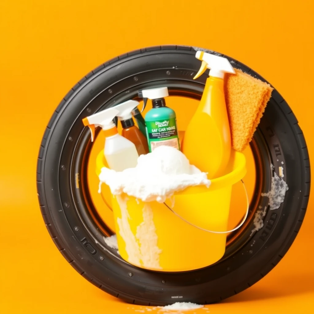 Studio photography of a used car tire with a yellow plastic bucket, a car sponge, and white foam. Various cleaning products are placed on the tire. The background is a solid orange, and the image is captured with high-key lighting from an angle that shows the front of the bucket. - Image