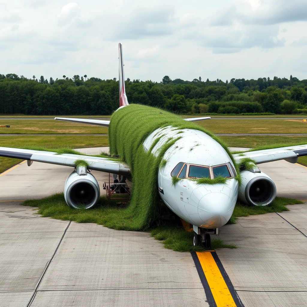 An airplane on the runway. The airplane is covered in green grass and decaying.