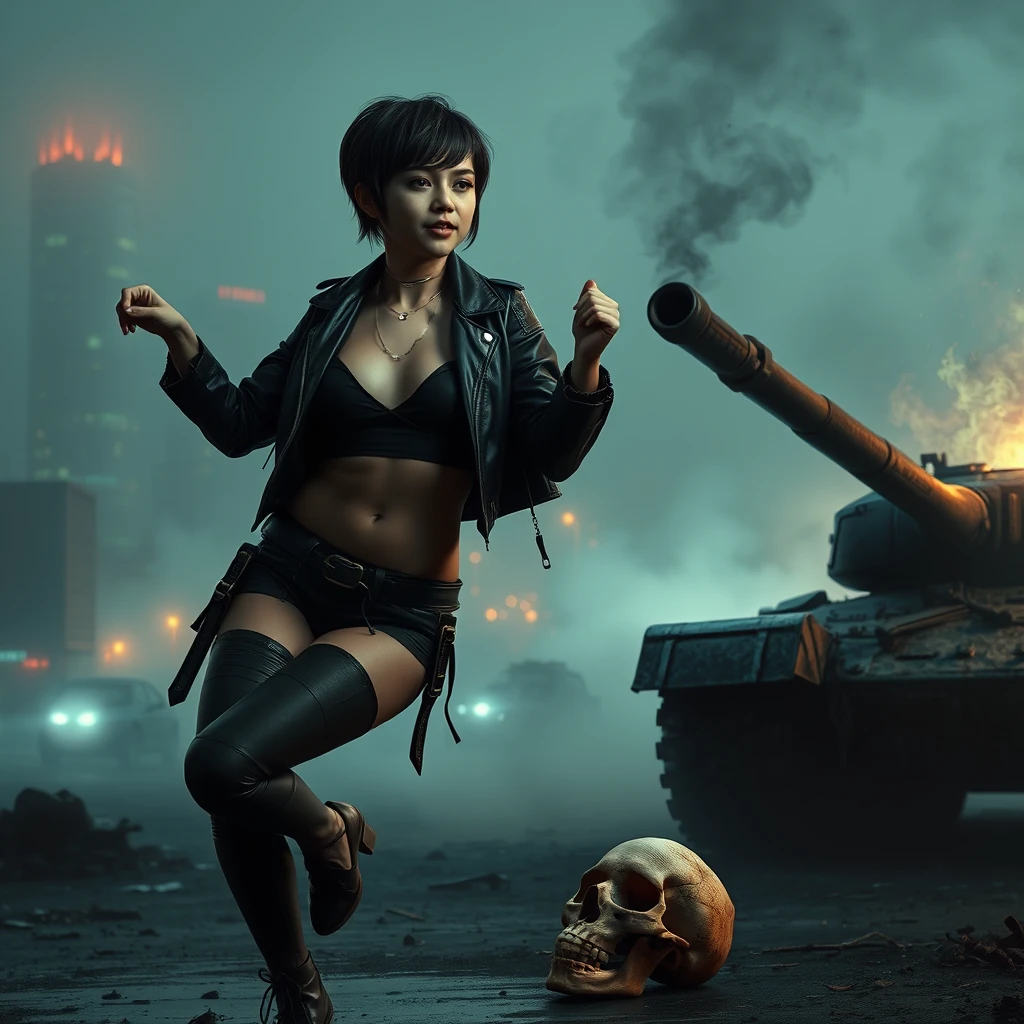 Photorealistic image of a young, beautiful woman with short hair, dressed in cyberpunk clothes, dancing. In the background, there is a destroyed city at night, immersed in fog. A destroyed and smoking tank is on the right side of the image, and a human skull is on the ground. - Image