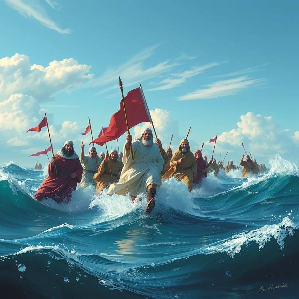 'Moses leads his people through the sea.'