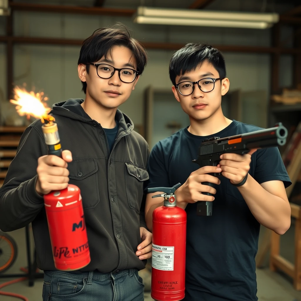 21-year-old white Chinese man with square prescription glasses and mid/long hair, 20-year-old white Italian man with round prescription glasses and short hair, they are together in a setting like an old garage, the Italian man holding a welding torch built into a extinguisher, the Chinese man holding a pistol. - Image