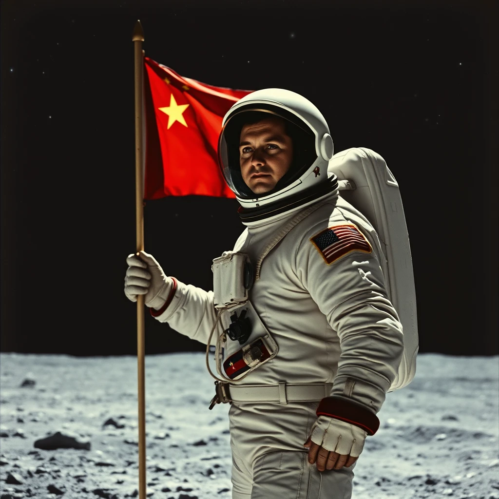 Soviet cosmonaut in a space suit standing on the Moon, looking at the viewer, although his face is not visible through the dark visor of his helmet. In his right hand he holds the pole of a flag of the Soviet Union, clearly visible next to him. Behind the cosmonaut, in the background, there is a black sky with bright stars, and galaxies in the distance. - Image