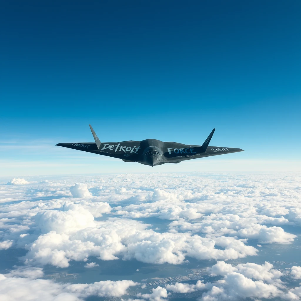 A large Stealth bomber flying high in the clouds with the words "Detroit Creative Force" painted in a graffiti style on the underside of the plane. - Image