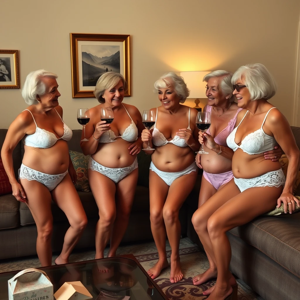 Group of 80-year-olds in tiny lace bikinis having a glass of wine in the living room.