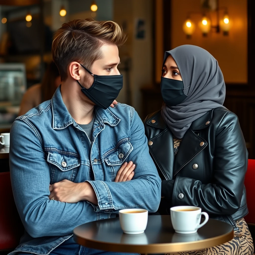 Jamie Dornan's head and body shot, handsome, face mask black, blue jeans jacket, jeans, dating with a grey hijab Muslim girl, beautiful eyes, face mask black, black leather jacket, biggest tiger pattern skirt, at cafe, 2 cups of espresso on table, looking at each other, photorealistic.