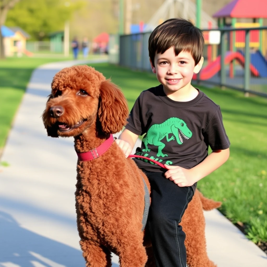 Four year old boy with dark brown hair riding a red standard poodle, wearing a dinosaur t-shirt and black jeans, cochlear implants, footpath, playground, clear day.