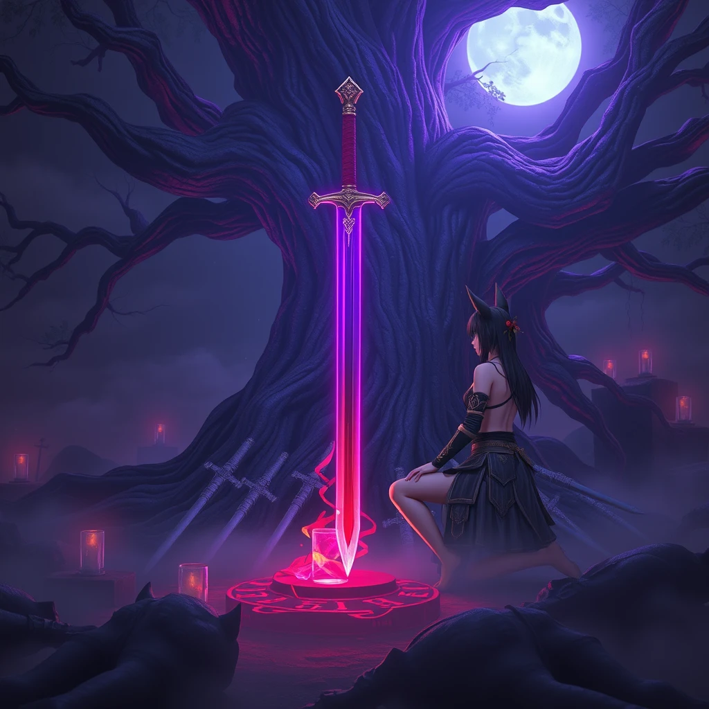 Ancient tree, swords in stone, anime girl, vertical position of sword, glowing sword, violet glowing, kneeling knight, ritual, close up, mysterious fog around the sword, the fog glows, runes glow red dim light, glass of blood, moonlight, corpses of warriors, 4K resolution, anime rendering, using Cinema 4D. Wide range of colors. Dramatic, dynamic, cinematic, sharp details, insane quality. Insane resolution. Insane details. Masterpiece. 32K resolution. Dark, chiaroscuro, low-key, wolf ears, wolf tail, blood on face, scantily dressed, few clothes, little armor, leg without clothes, arm without clothes, no leg armor, no arm armor, dark, horror, girl holding sword.