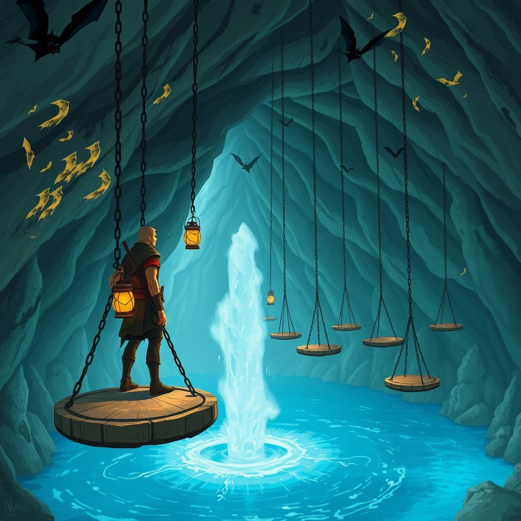 A large cavern, standing on one of the platforms is a male warrior holding a lantern. There is blue water filling the bottom of the cavern and a geyser is erupting. Hanging from the ceiling in a row are a series of chains with round wooden platforms at the end of the chain that are suspended above the water. Bats are flying around.