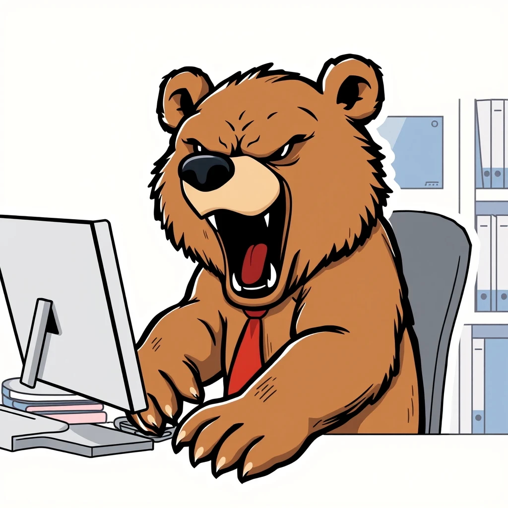 a aggressive bear in office, vector sticker, contour, Traditional animation style, adobe illustrator, pure clean bright solid background - Image