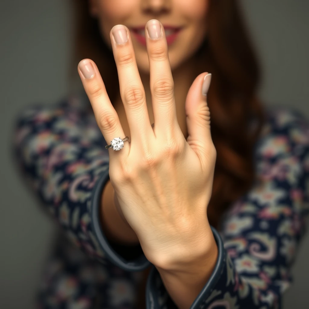 The beauty stretches out her hand wearing a diamond ring. - Image