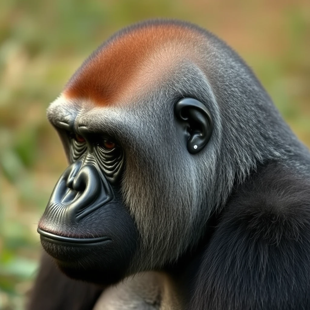 Gorilla, human haircut, one side of the head shaved.