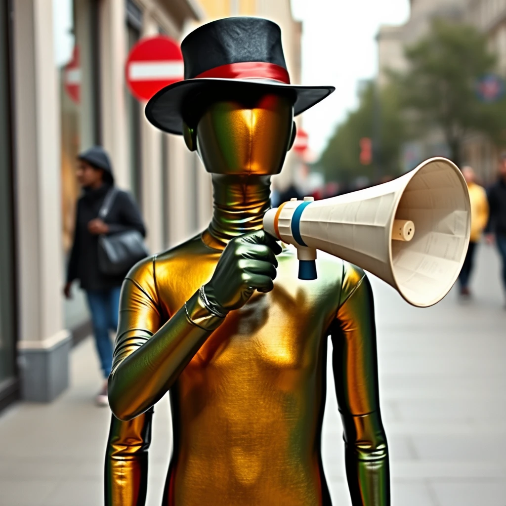 A figure stood there, skin smooth and metallic the color of an oil slick, with no nose or mouth on its face and missing eyes and ears. It would be mistaken for a mannequin if it weren't moving around and wearing a hat while wielding a megaphone made of paper at passersby. No face. No facial features. No mouth. No ears. No eyes. Smooth skin. Black rainbow colors like an oil slick.