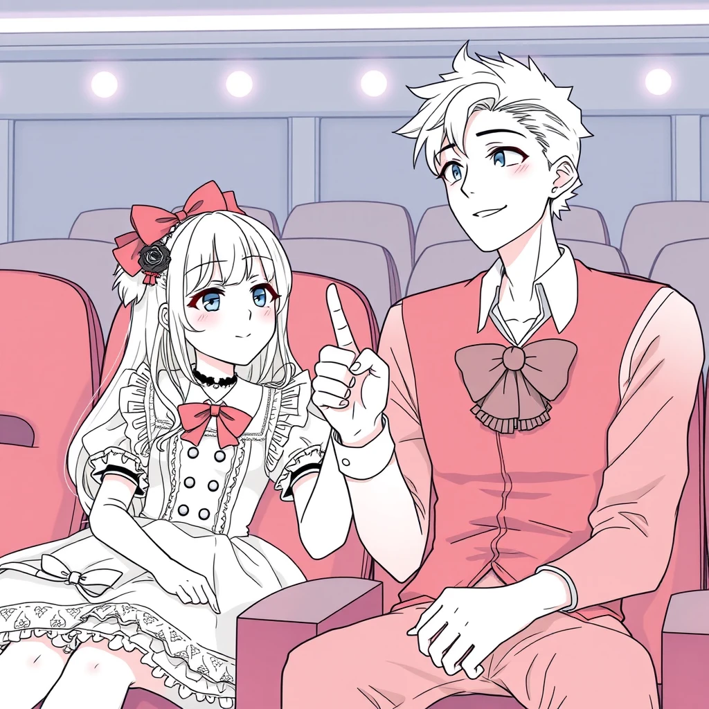 Anime pure lineart, beautiful girl dressed in a Lolita costume and a handsome tall boyfriend, sitting in a cinema, one hand shaken. - Image