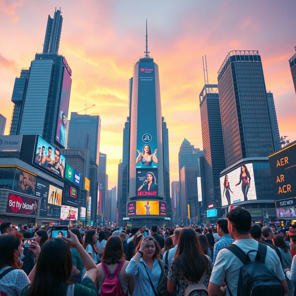 A bustling futuristic cityscape at dusk, with towering skyscrapers adorned with animated AR billboards and holograms. The sky is a blend of warm oranges and cool purples, casting a captivating glow over the scene. In the foreground, a diverse group of people interact with AR elements through their smartphones, showcasing the immersive experiences Dreemar’s platform offers. The image is captured in 4K resolution with a professional wide shot, highlighting the seamless integration of AR technology in everyday life and the vibrant energy of the city.
