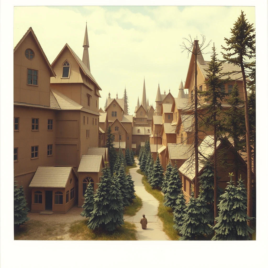 Weird image of giant cardboard village with cardboard forest Polaroid, 1970s - Image