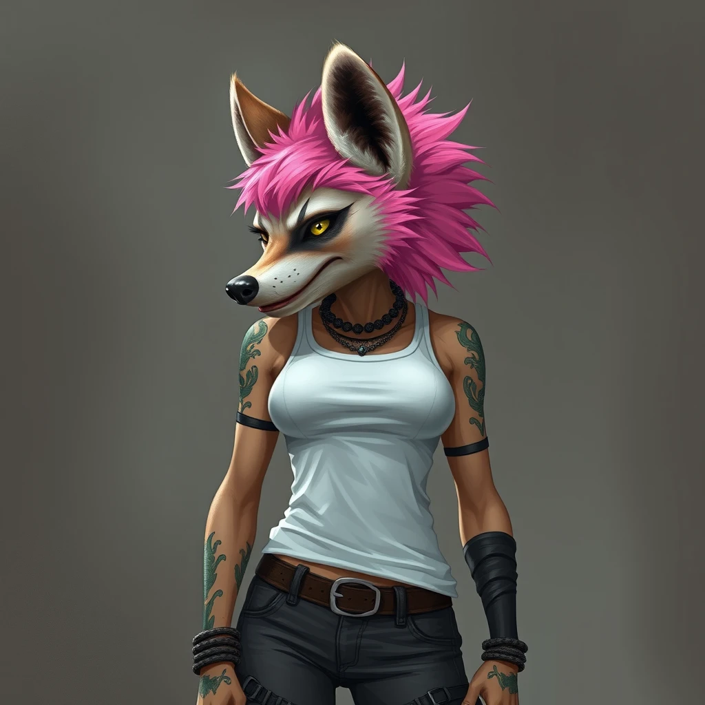 an anthro female hyena, pink fluffy hair, punk, white tank top, clothing, heavy chest, tall, wide hips - Image