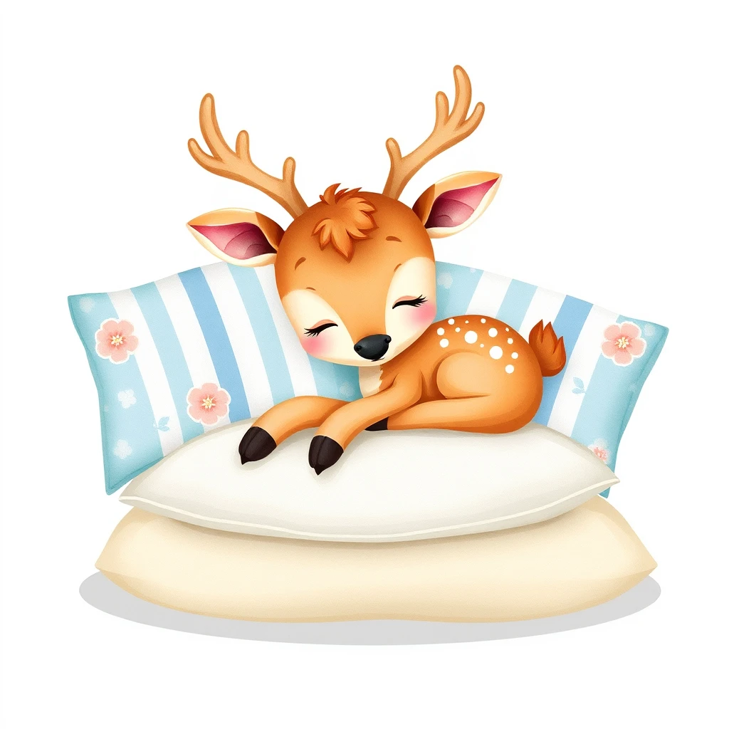 Cute deer sleeping on a pillow, surrounded by blue and white striped pillows with floral patterns, on a light gray background, in the vector illustration style, with a flat simple design, using a high saturation color scheme, showing the natural expression of the character, creating a warm atmosphere, with a watercolor painting effect, of a cute cartoon character. --ar 3:4 - Image