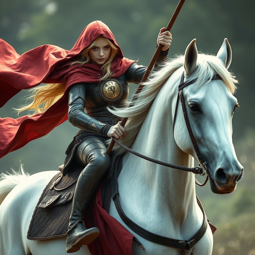 Photorealistic: Blonde fantasy heroine with a red cloak swings onto a white horse.