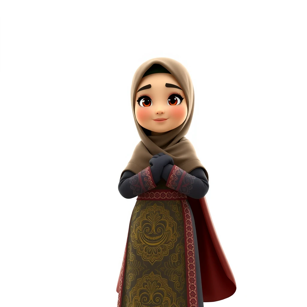 A 3D, 8k animated cartoon depiction of a Muslim woman from Palembang, wearing a traditional long songket and a long gown (gamis). She is adorned with a hijab that covers her chest and wears batik gloves covering her hands.