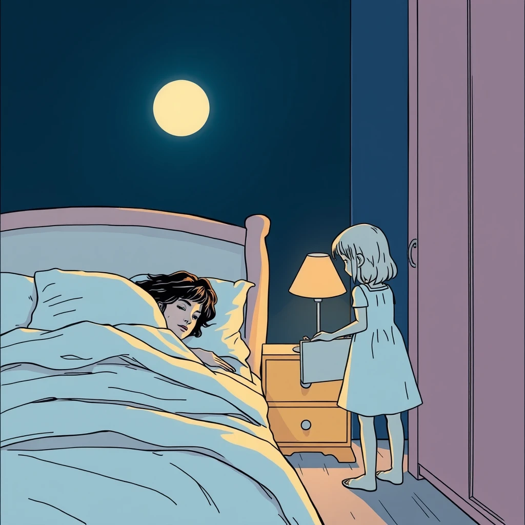 Side view of the bed where a woman is sleeping while her daughter stands nearby opening a drawer, dark night, moonlight, atmosphere, comic line art.