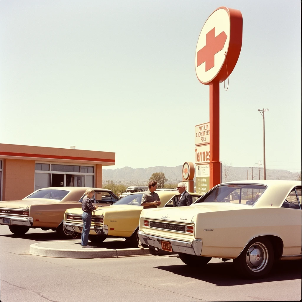 People pumping their cars at a gas station in Arizona in 1971.