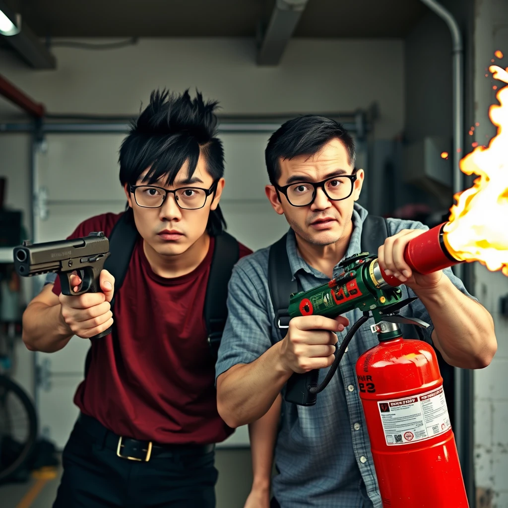 21-year-old northern Chinese man with long black hair in a mullet style, wearing square glasses, holding a pistol; 21-year-old white Italian man with round prescription glasses and short hair holding a very large fire extinguisher-turned-flamethrower; garage setting; both are angry with murderous intent.