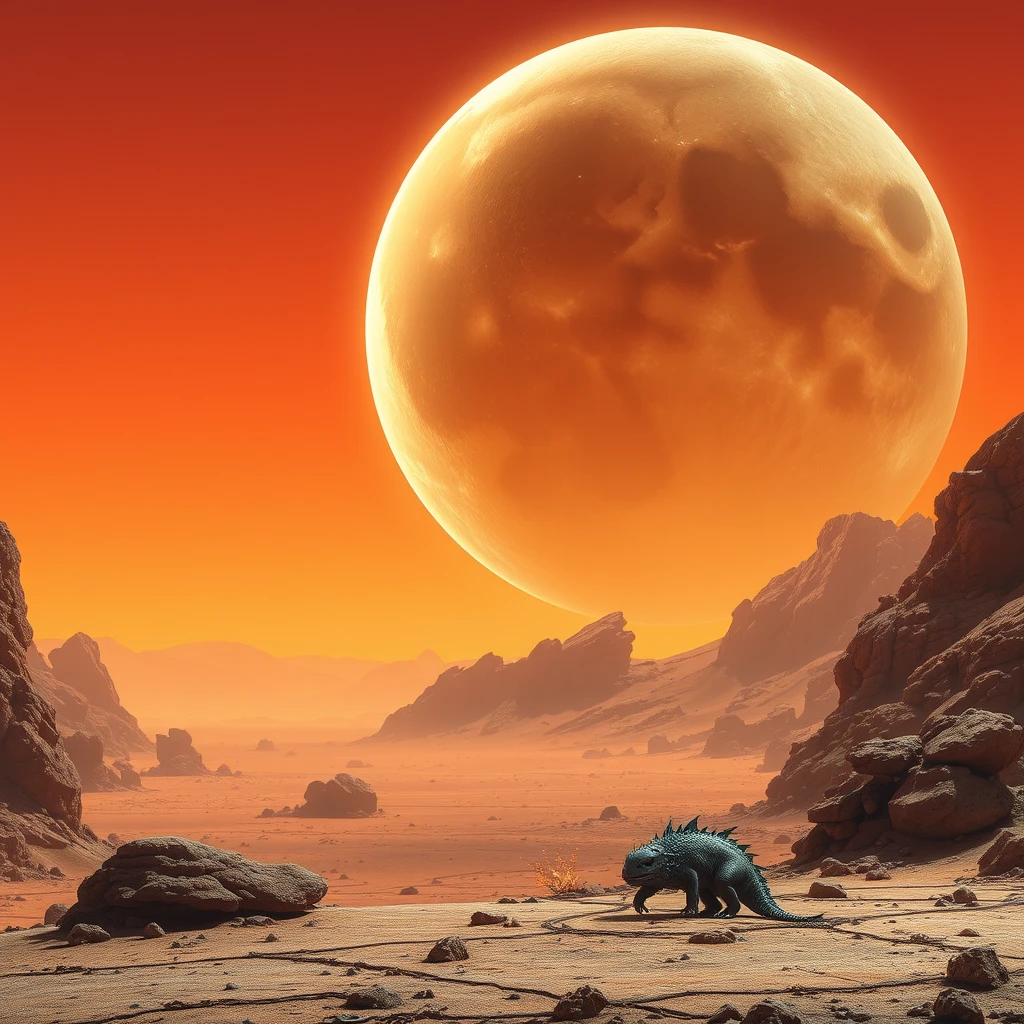 Extremely hot alien planet, large moon in the background, small alien animal in the foreground.