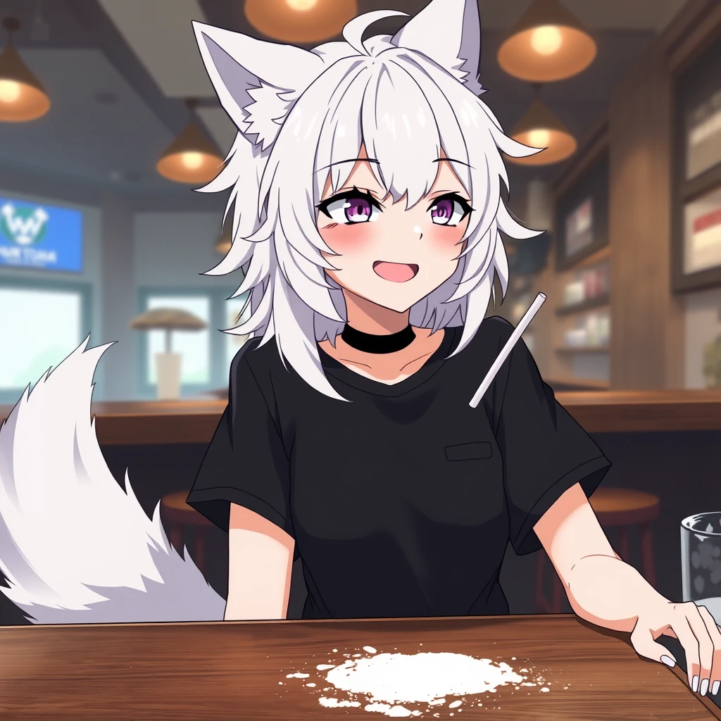 Anime woman with fluffy wolf ears and a fluffy tail, white messy medium hair, purple eyes, wearing a black t-shirt, sitting at a table in a bar. On the table is a little bit of flour. The girl looks with a big crazy smile at the flour and has a straw in her right hand. - Image