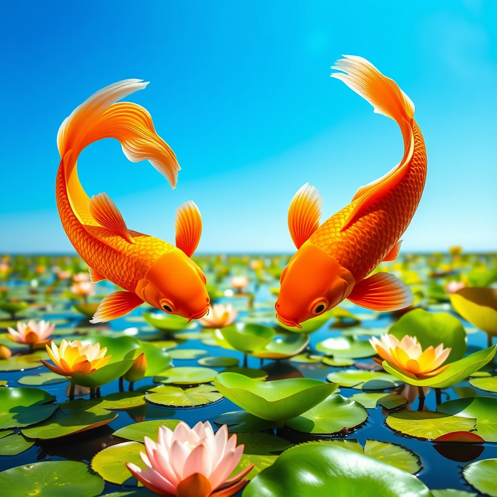 Two orange fish twist and turn elegantly in a pond dotted with lily pads under a clear sky. Setting: Capture a vibrant tableau of vivid orange fish swirling in a sunlit pond strewn with verdant lily pads. The backdrop of a clear azure sky enhances the contrast, making the scene burst with life and color. Opt for a high-resolution, sharp focus to detail the dynamic movement of the fish and the serene ambiance of the pond. Employ bright, natural lighting to emphasize the tranquility of the setting.