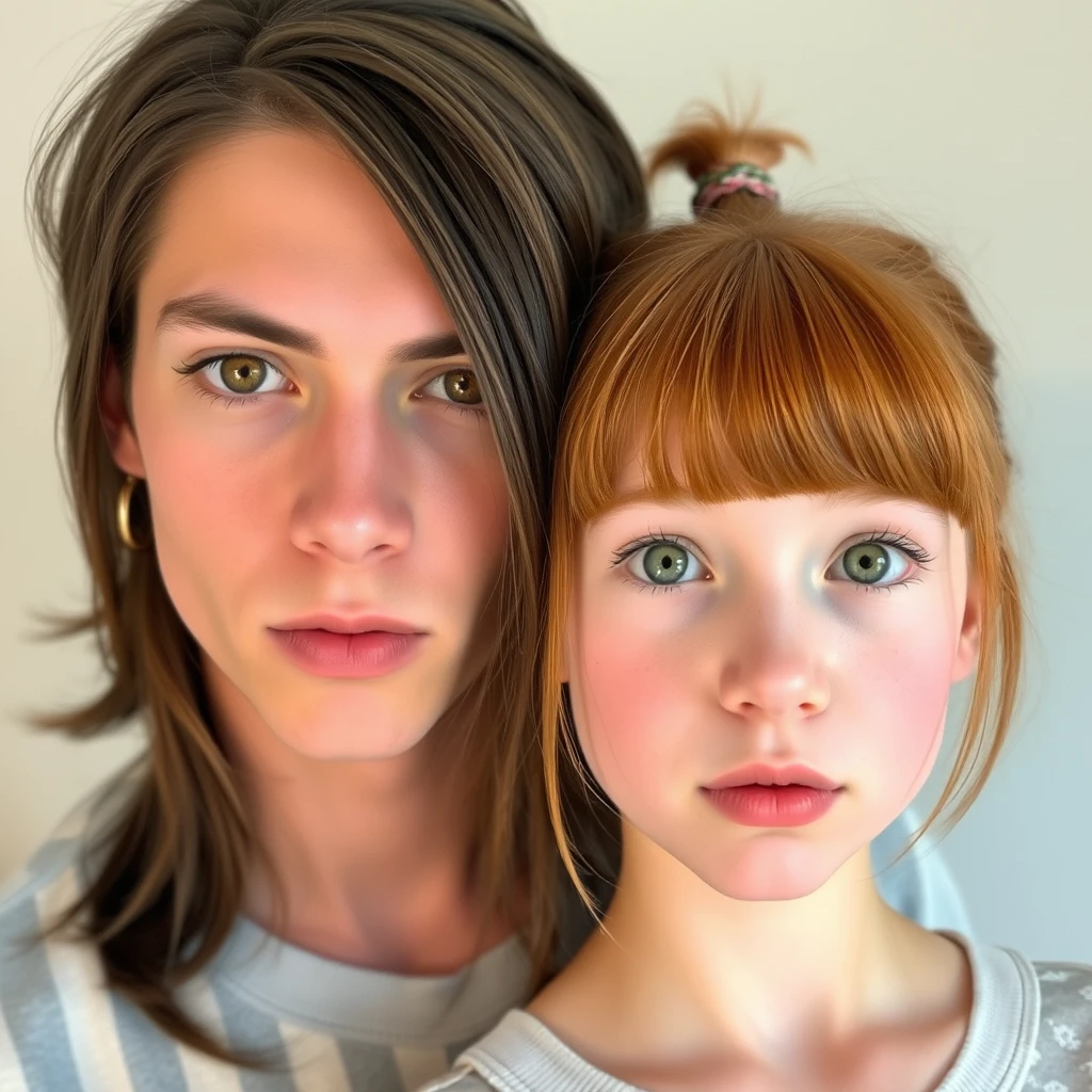 Young guy with long dark brown hair parted in the middle, sharp facial features, pale skin, light brown eyes, thick eyebrows, long eyelashes, standing next to a cute ginger girl with white skin, a small turned-up nose, pink lips, green eyes, and long bangs. - Image