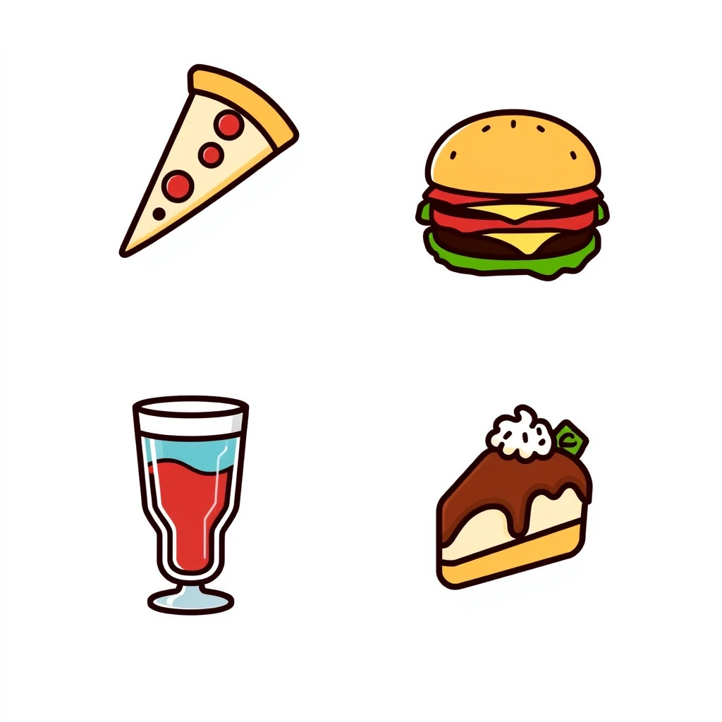 Image icons for pizza, burger, hot and cold beverages, and desserts.