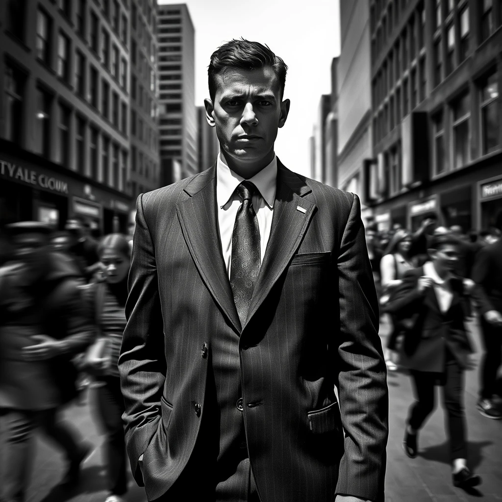 A high-contrast photograph of a figure in a stiff, formal suit, standing in a bustling city square, symbolizing tension. Monochrome palette, sharp focus on the figure against a motion-blurred crowd. Created Using: black and white photography, urban stress theme, stark lighting, clear subject focus, blurred motion background, intense expressions, dramatic atmosphere, hd quality, natural look. - Image