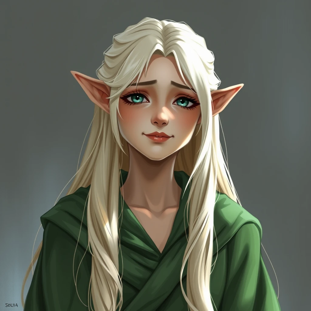 Realistic. A female elf. Platinum blonde hair. Happy but tired expression on her face. Wearing long green robes. Tall and regal. - Image