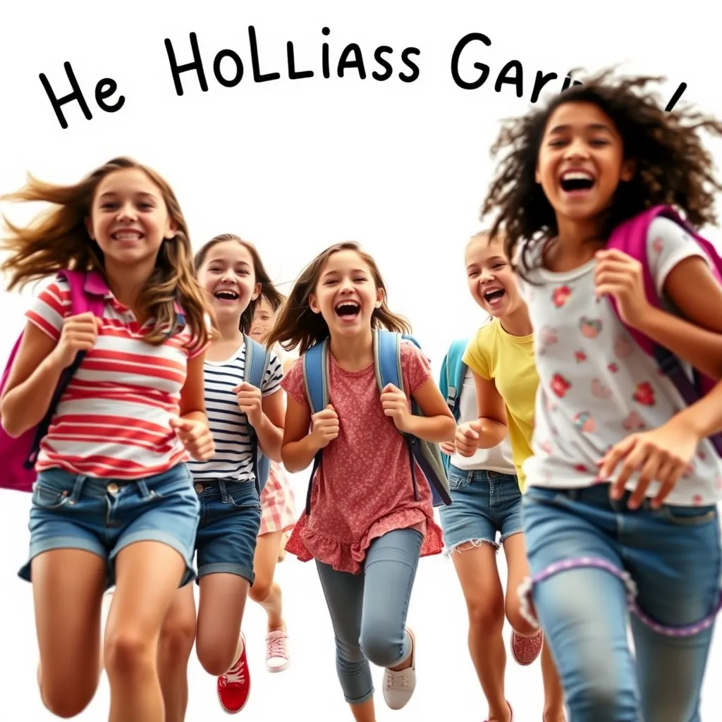 Create a photo of a group of 14-year-old girls wearing summer clothing, joyfully running towards the camera as the holidays begin. They are carrying school backpacks and cheering. The background is white. - Image