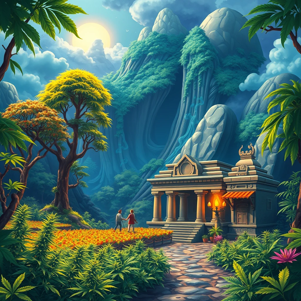 Background: Include a colorful and exciting backdrop with elements like a mystical forest, a cannabis farm, and an ancient temple to hint at various adventures. Ensure the background is vibrant and engaging. - Image