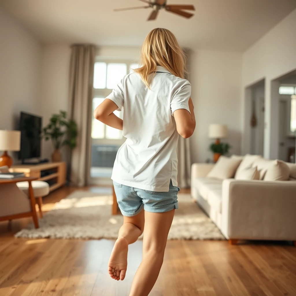 Side view of a young blonde skinny woman who lives alone in her massive living room, wearing a large white short-sleeve polo shirt that looks a bit off balance on one shoulder. She is also wearing light blue cotton non-denim shorts and has no shoes or socks on. She is facing the camera while getting off her chair and running toward the camera.