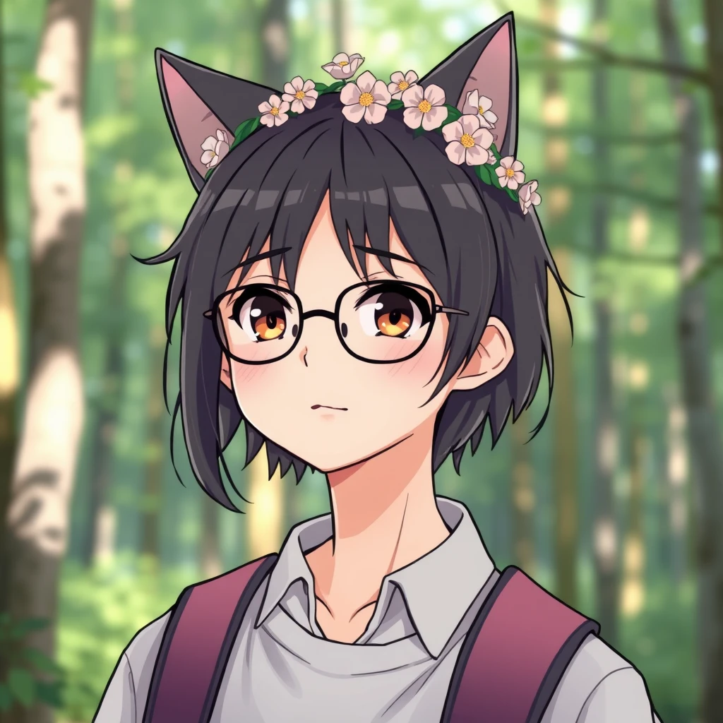 Cute anime boy college student with cat ears, pastel, wearing glasses and a flower crown. They are in the forest. - Image