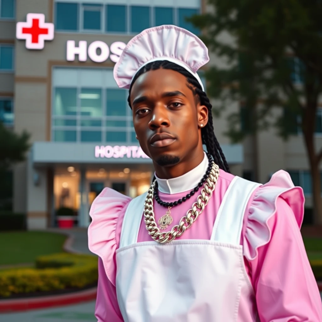 Travis Scott wearing a pink maid costume standing and posing in front of a hospital. Realistic image.