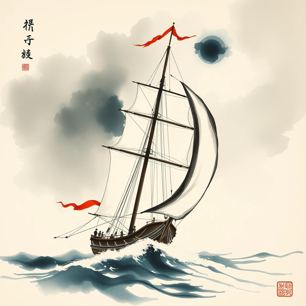 sail with the wind, Chinese ink painting - Image